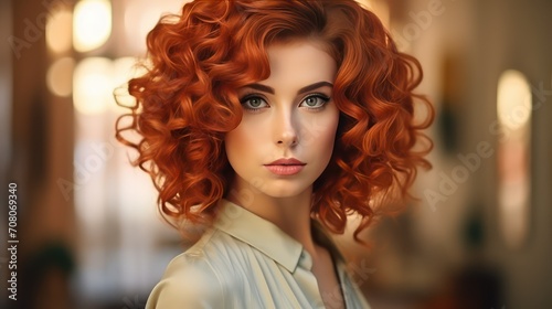 Beautiful young woman with red curly hair. Beauty, fashion