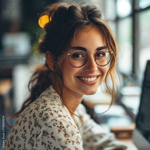 a smiling office worker in glasses