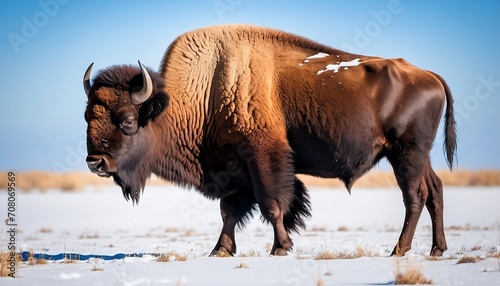 Wild bison cow in a snowy field at the rocky mountain arsenal national wildlife refuge in colorado. Generative AI