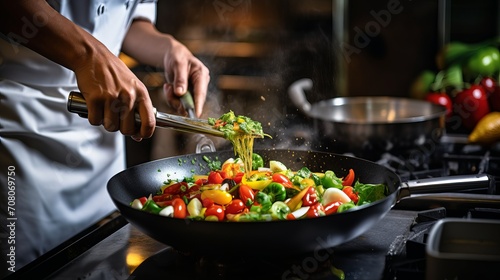 A chef is using a frying pan to cook fresh vegetables while following a vegetarian diet