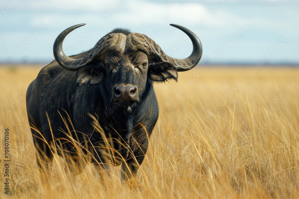 Majestic African Buffalo in Tall Grassland Majestic African Buffalo in Tall Grassland
