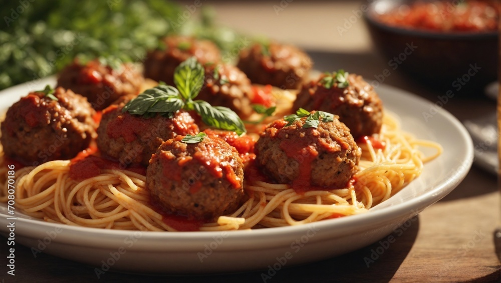 AI-generated illustration of Savory spaghetti with juicy meatballs garnished with fresh herbs AI-generated illustration of Savory spaghetti with juicy meatballs garnished with fresh herbs