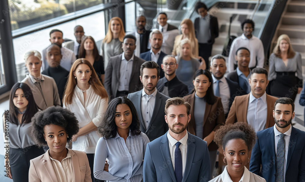 A crowd of people in the business lobby are looking at the camera A crowd of people in the business lobby are looking at the camera