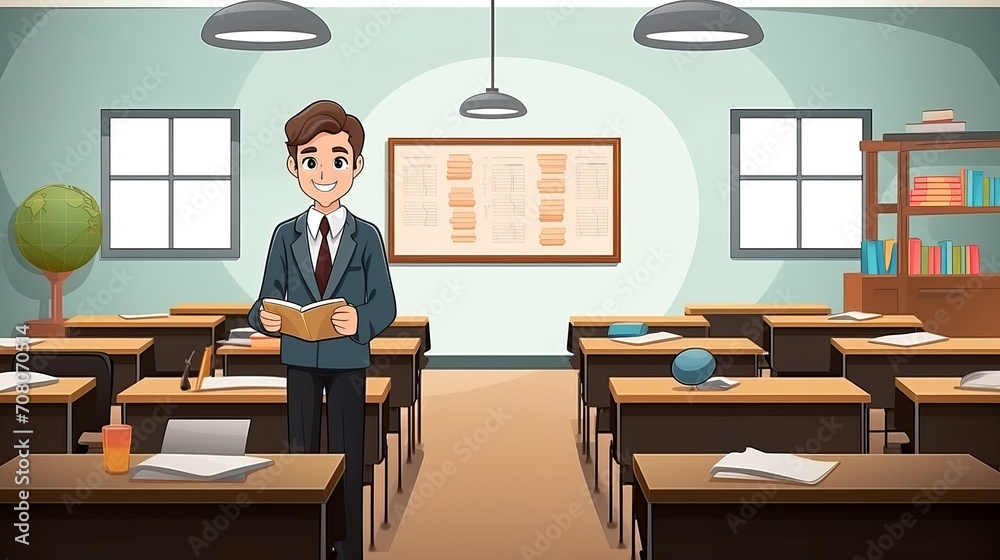 A man in a classroom is seen from the front. A man in a classroom is seen from the front.