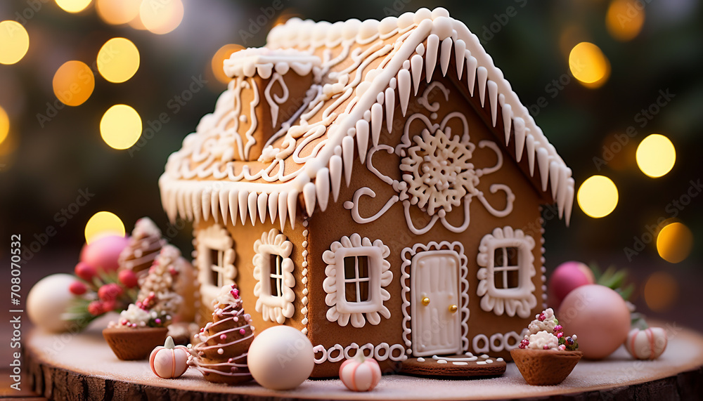 Homemade gingerbread cookie decoration on rustic wood table generated by AI