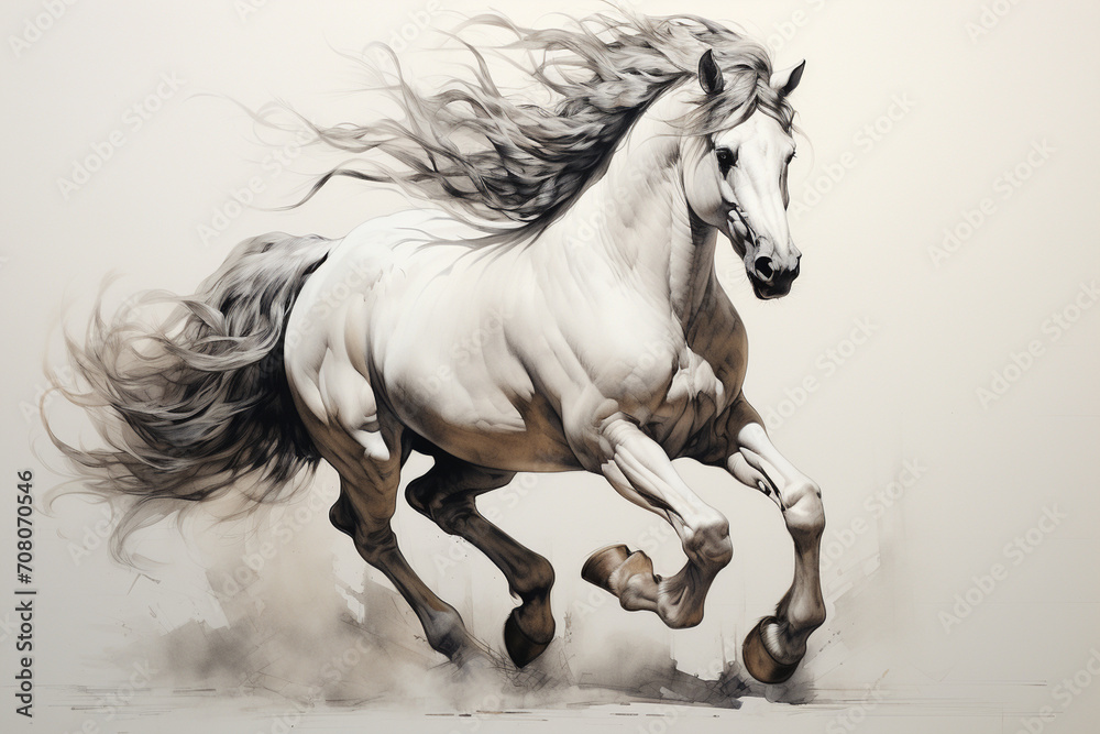 Obraz premium A majestic horse in mid-gallop, its flowing mane and powerful legs captured with dynamic black and white linework, evoking a sense of freedom and strength.