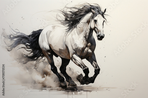 A majestic horse in mid-gallop, its flowing mane and powerful legs captured with dynamic black and white linework, evoking a sense of freedom and strength.