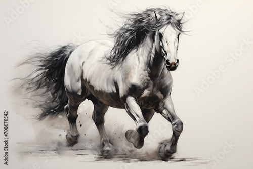 A majestic horse in mid-gallop  its flowing mane and powerful legs captured with dynamic black and white linework  evoking a sense of freedom and strength.