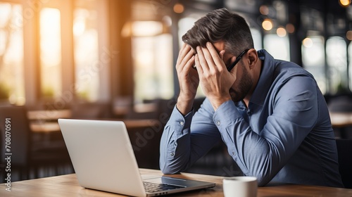 A millennial businessman who works on laptops is frustrated due to a strong headache.