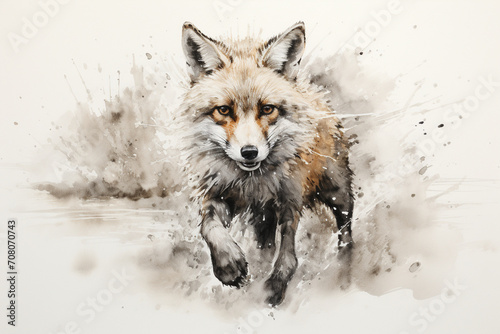 A lively and energetic fox captured in mid-pounce, its bushy tail and agile form portrayed with dynamic black and white lines, creating a visually engaging image on paper.