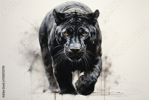 A captivating and mysterious panther prowling in the shadows, its sleek form and piercing gaze depicted with detailed black and white linework, creating an intense image on paper.