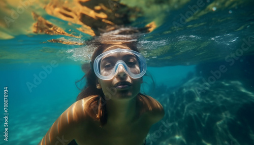 Women snorkeling in blue water, enjoying summer vacations and underwater adventure generated by AI