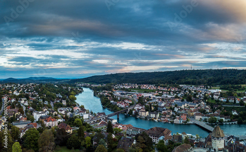 Aerial view of Swiss borough Schaffhausen and Feuerthalen on the Rhine river in the sunset hours, Switzerland