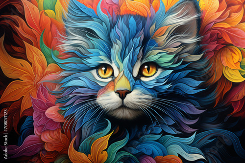 An endearing illustration of a kitten with a patchwork of colors, its fur rendered using a diverse set of multi-colored pencils to convey the softness.