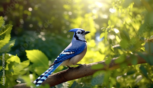 A vibrant, colorful bird perching on a green branch in nature generated by AI