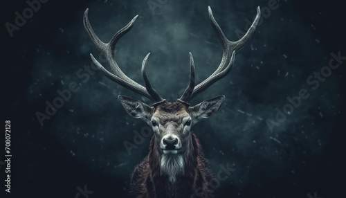 Majestic stag stands in snowy forest, looking at camera tranquilly generated by AI photo