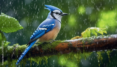 Bird perching on branch, feathers glistening in the summer rain generated by AI © Jeronimo Ramos
