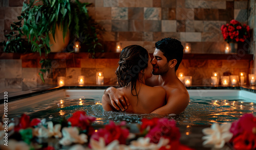 Romantic Oasis: Unwind in the embrace of love and desire as a couple enjoys a jacuzzi, creating an intimate and sensual atmosphere, perfect for celebrating love, valentines day, anniversary, etc