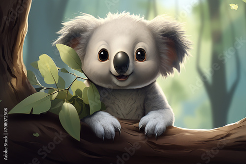 A hilarious cartoon-style koala with a laid-back attitude, fuzzy ears, and a penchant for eucalyptus leaves.