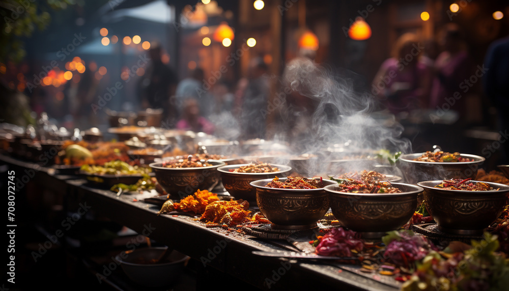 Traditional festival celebrates East Asian culture with gourmet meals cooked outdoors generated by AI