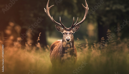 A majestic stag grazes in the meadow  surrounded by nature generated by AI