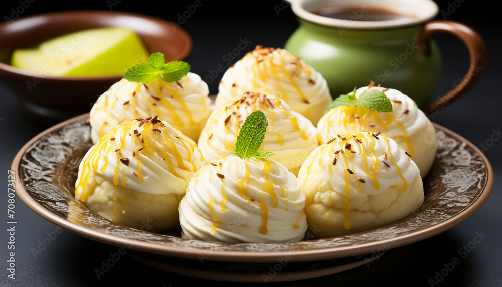 Freshness and sweetness on a plate, gourmet dessert indulgence generated by AI Freshness and sweetness on a plate, gourmet dessert indulgence generated by AI