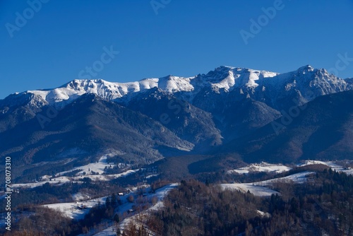 snow covered mountains, viewpoint from Magura to Bucucegi Mountains, Romania
