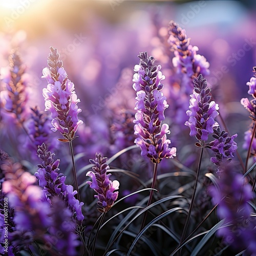 Lavender flowers blooming on sunset sky.