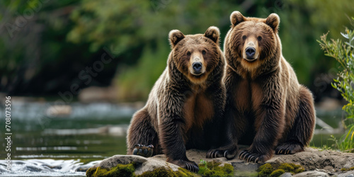 Close Bond: Two Brown Bears Sitting Together by the River's Edge in the Wild