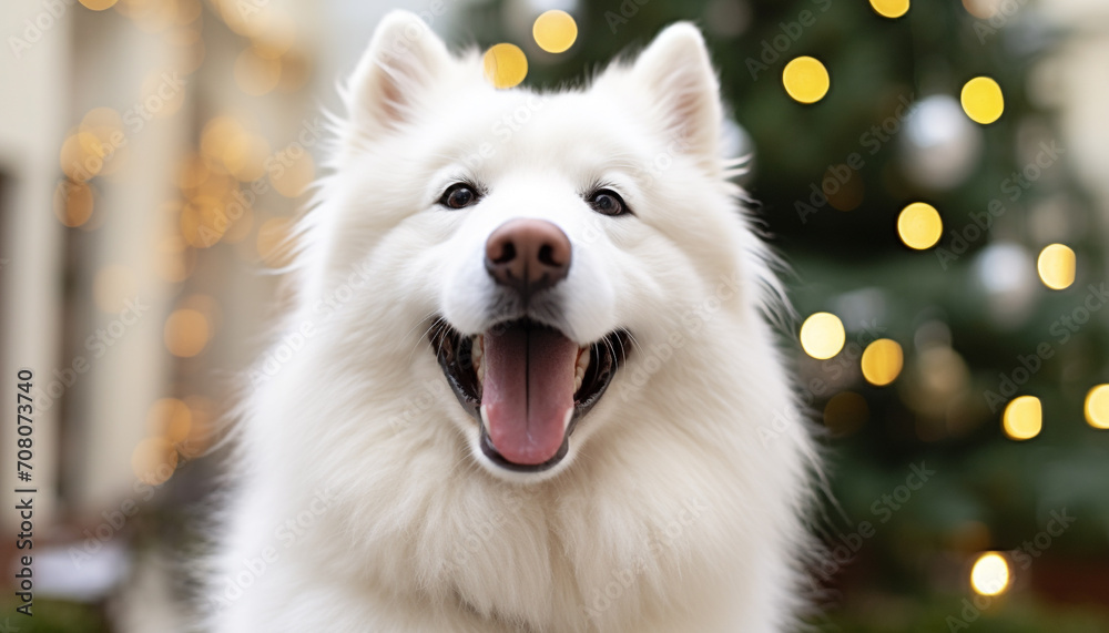 Cute Samoyed puppy sitting in the snow generated by AI