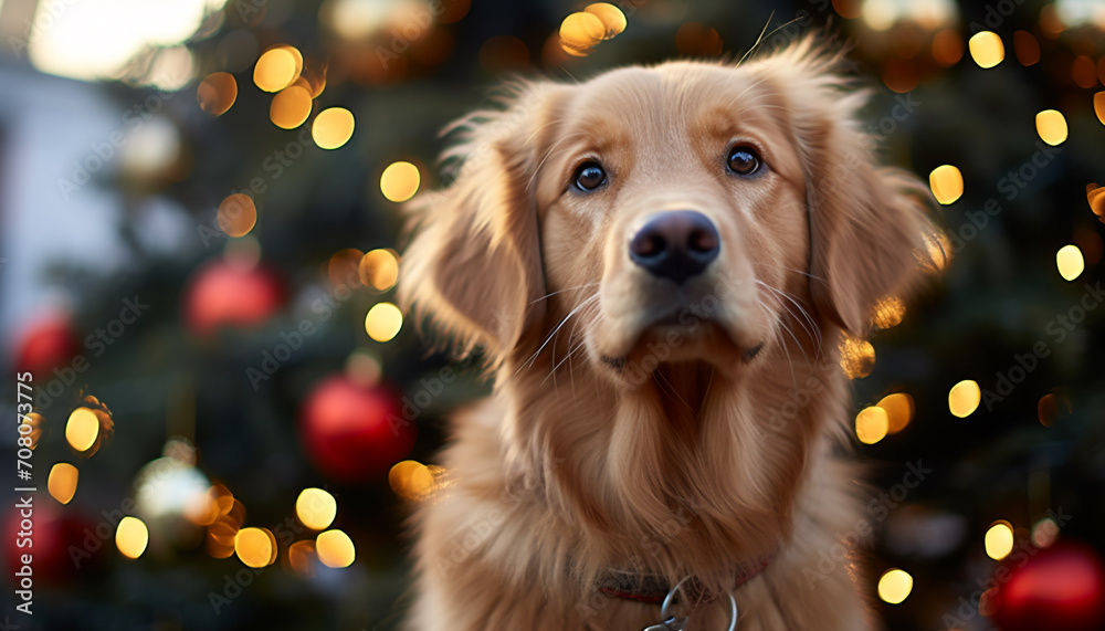 Cute puppy sitting by Christmas tree, looking cheerful generated by AI
