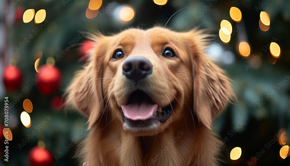 Cute puppy sitting under Christmas tree, looking cheerful generated by AI