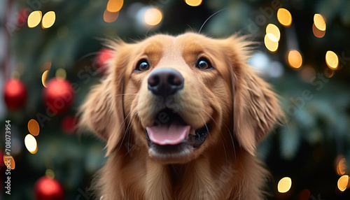 Cute puppy sitting under Christmas tree, looking cheerful generated by AI