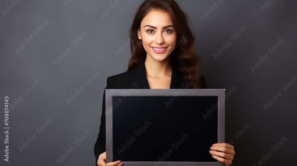An empty blackboard is being shown by a smiling businesswoman. An empty blackboard is being shown by a smiling businesswoman.