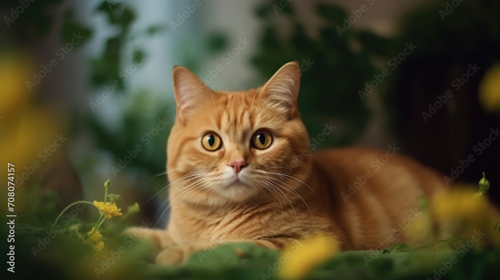 Ginger scottish fold cat lying on couch with plants around at home.