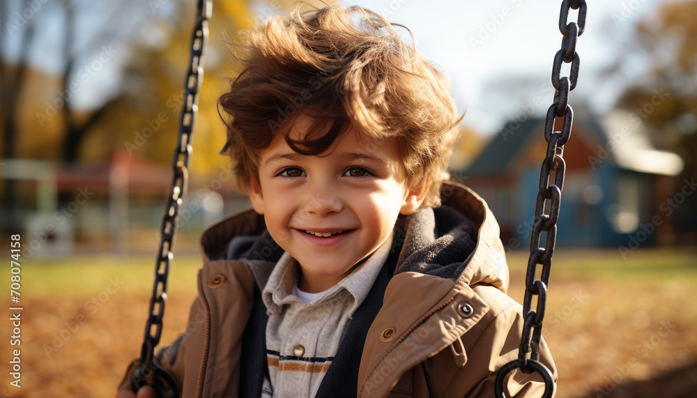 Smiling child swinging outdoors, enjoying playful fun in nature generated by AI Smiling child swinging outdoors, enjoying playful fun in nature generated by AI