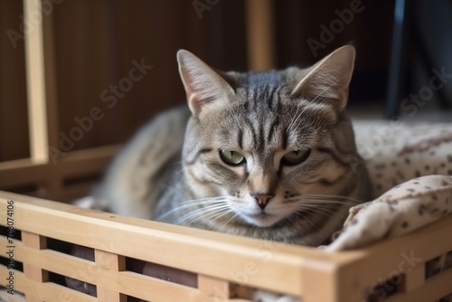 Little domestic kitten in a wooden box watching