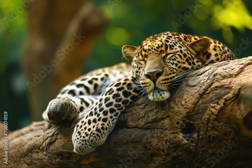 Tranquil Leopard Napping on a Wooden Log in a Lush Green Ambience