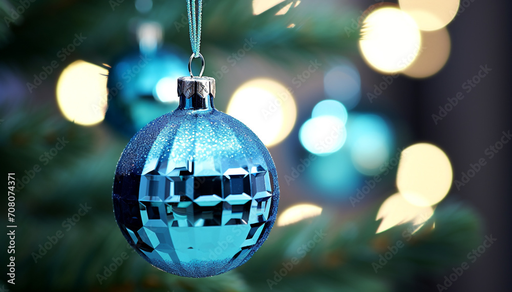 Obraz premium Shiny Christmas ornament hanging on glowing Christmas tree generated by AI