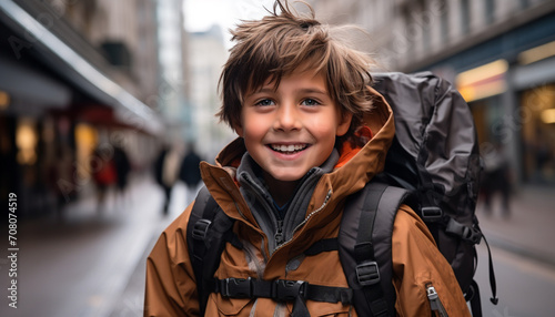 Smiling Caucasian boy in winter jacket walking outdoors with backpack generated by AI © Jeronimo Ramos