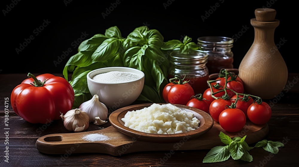 The ingredients that go into making homemade pizza. The ingredients that go into making homemade pizza.