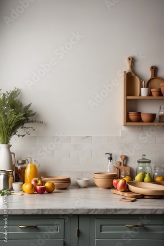 modern kitchen with wooden countertop with utensils and fruits