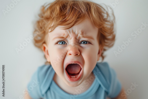 close up of a cute little baby boy child crying and screaming isolated on white background photo