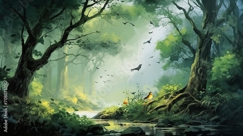 A digital art watercolor painting that is highly rated and depicts a forest with birds. © Tahir