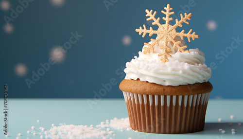 Homemade cupcake with icing, snowflake decoration, and glitter generated by AI
