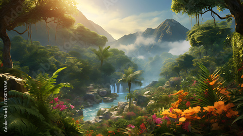 A lush tropical rainforest with exotic flora and fauna