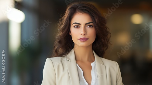 A vertical photo depicting a successful and attractive female headhunter or office worker wearing a beige jacket and cross-legged, confidently managing her own business.