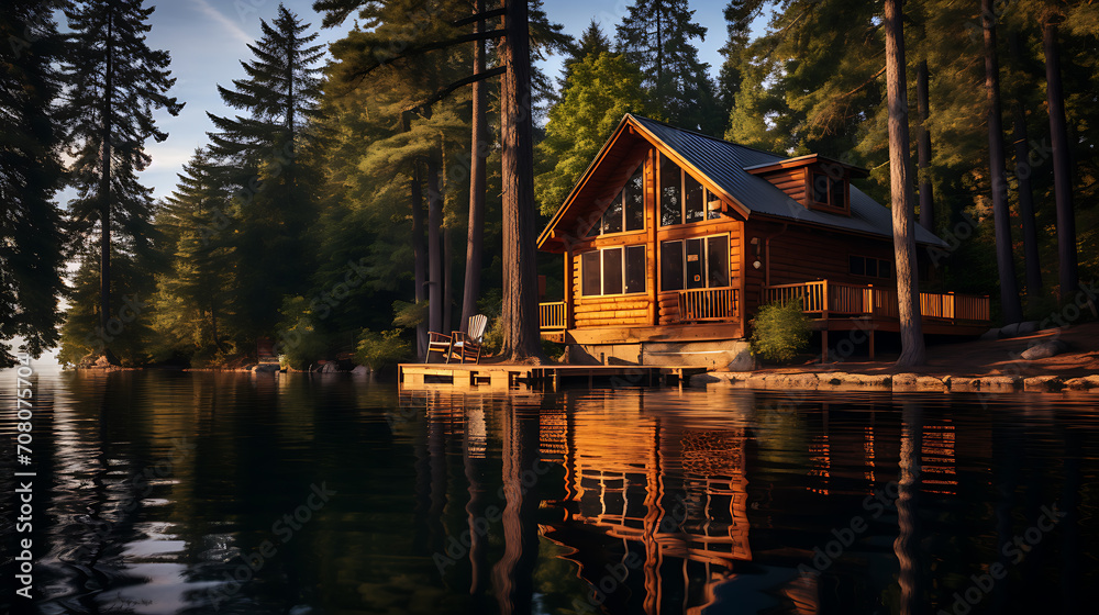 A lakeside cabin surrounded by tall pine trees