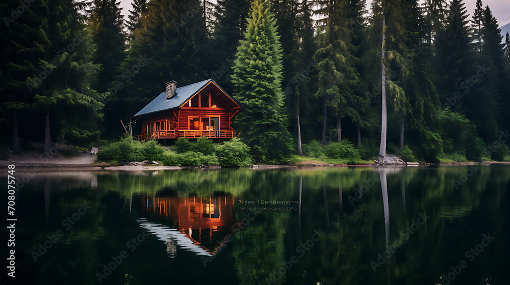 cabin surrounded by tall pine trees, with a reflection on the calm water