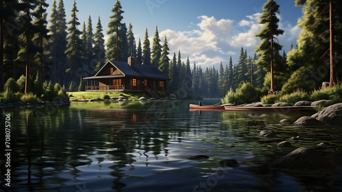 A peaceful cabin surrounded by trees, with a reflection on the calm water